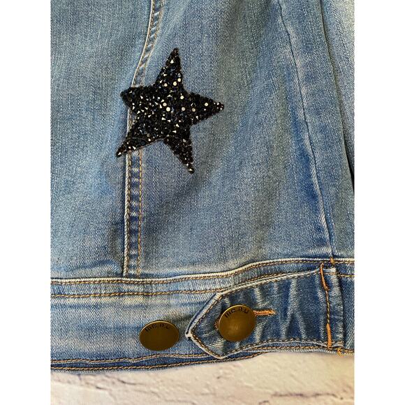 Me.n.u Denim Jean Jacket Sparkly Distressed Glitter Stars girls size Large A586 - Picture 3 of 8